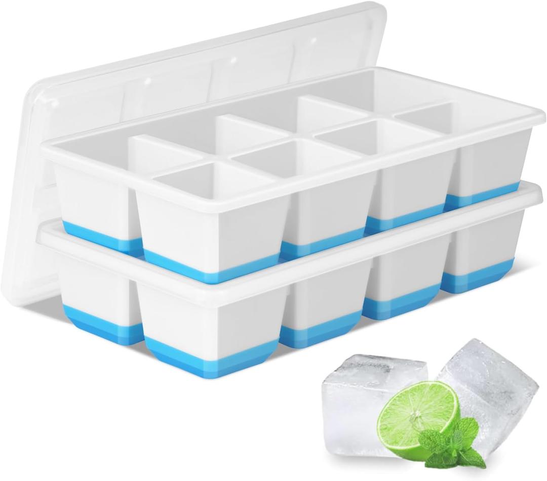 Large Ice Cube Trays 2 Pack, Silicone Easy-Release and Flexible Ice Cube Molds with Lids,1.8" Big Square Cubed Ice Trays for Whiskey and Cocktail, BPA Free and Dishwasher Safe (Blue White)