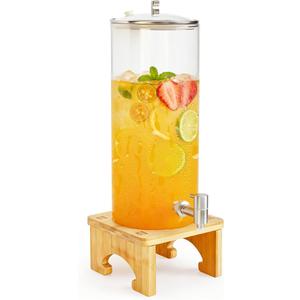 2 Gallon Drink Dispenser,Glass Beverage Dispenser With Wood Stand, 18/8 Stainless Steel Spigot and Labels Large Water Drink Dispensers for Parties, Lemonade,Juice, Bar,Wedding,Restaurants
