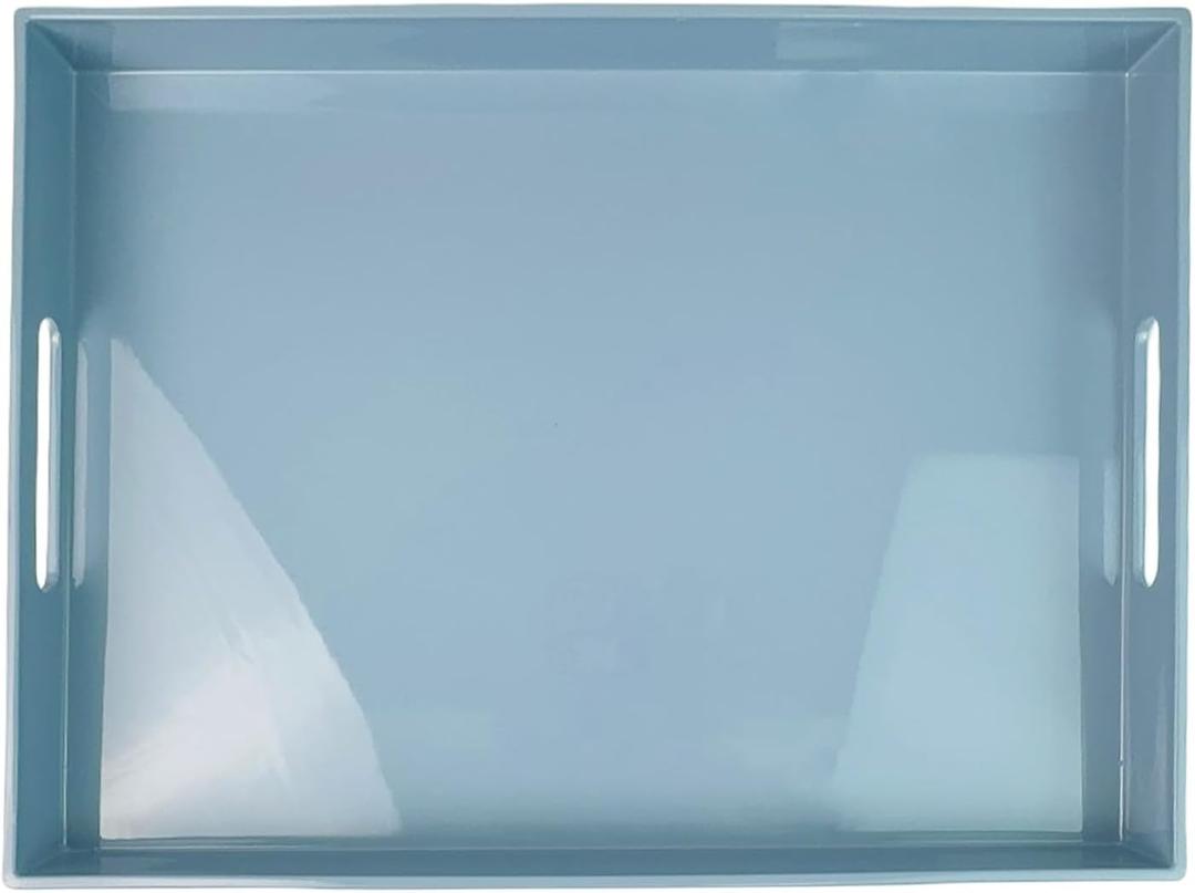 Light Blue Decorative Tray, Rectangular Large Serving Tray with Handles, Plastic Coffee Table Tray for Ottoman, Living Room, Kitchen Tabletop, 15.7 x 11.8 x1.6