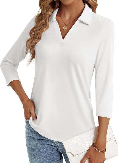 LYHIPSS 3/4 Length Sleeve Womens Tops Dressy Casual V Neck Polo Shirts Business Work Blouses 2025 Trendy Tunic Top White Medium