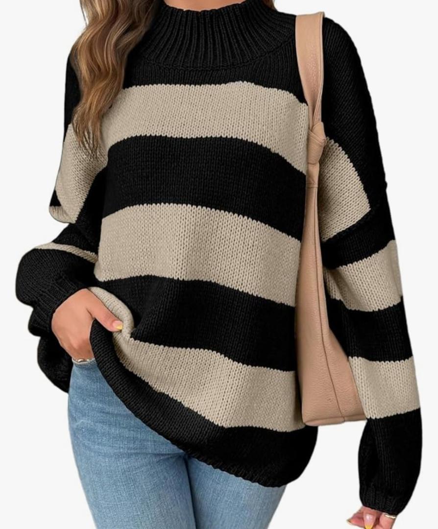 Striped Sweater for Women Fall Winter Mock Neck Long Sleeve Oversized Chunky Knit Casual Trendy Pullover Tops Large