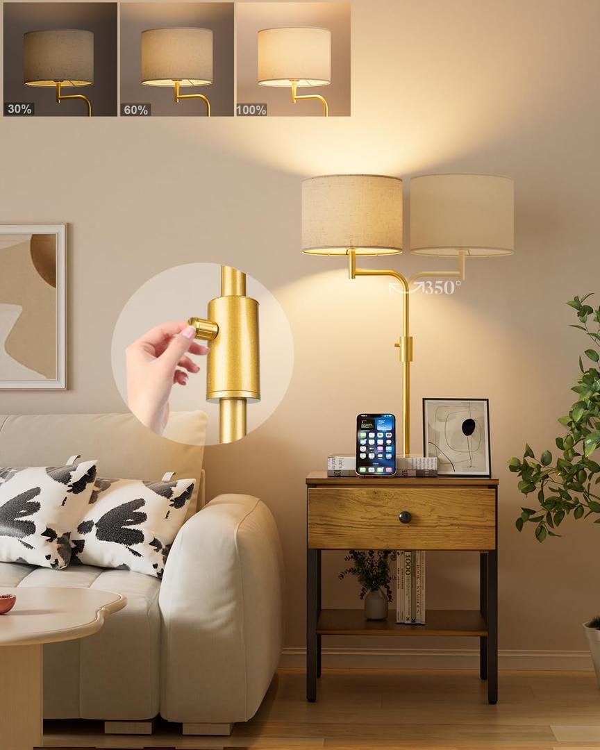 Lightdot 54IN Dimmable (Brightness Adjustable) End Table with Lamp Attached, Floor Lamp with Drawer and Shelf, 3000K E26 Bulb Included, 350 Rotatable Standing Lamps for Living Room-Amber (1T Amber)
