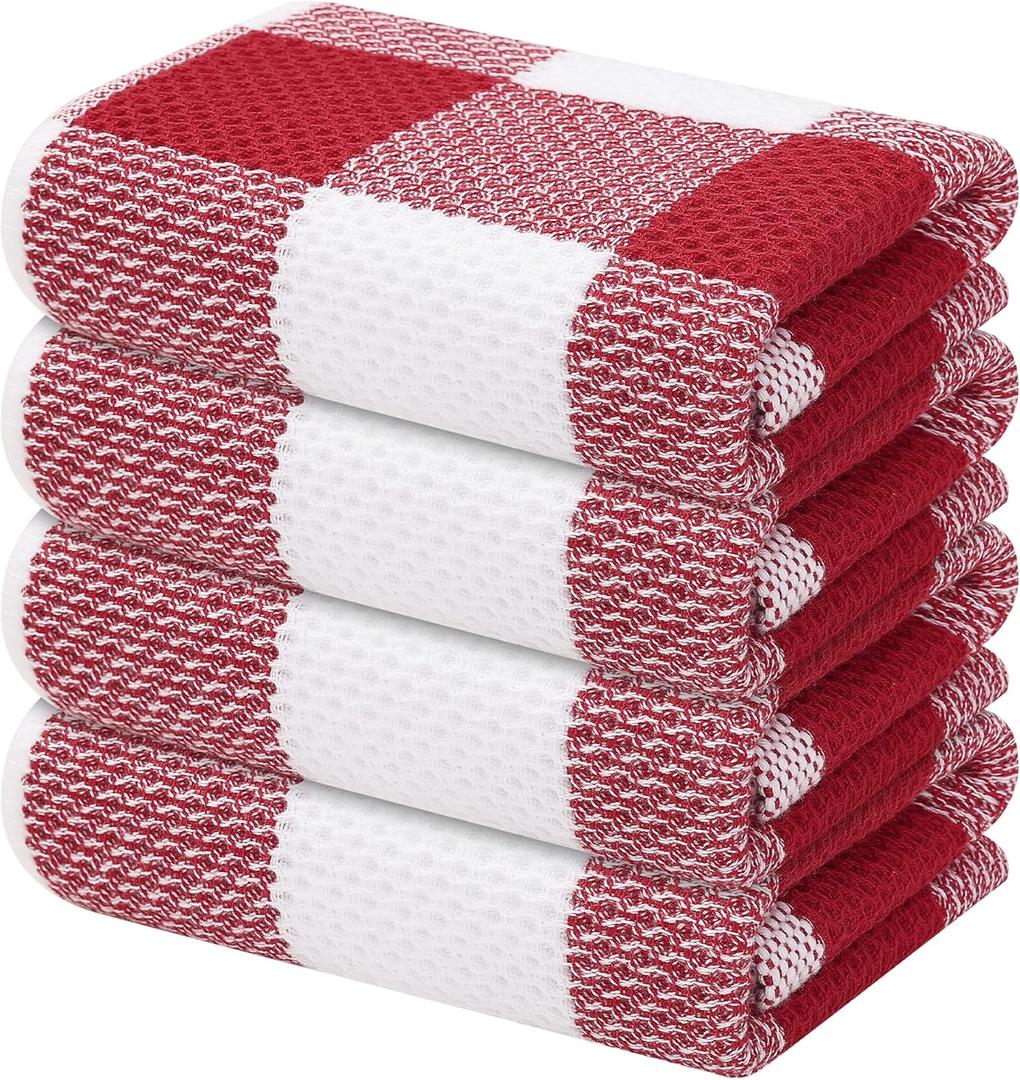 Mordimy 100% Cotton Waffle Weave Kitchen Towels, 13 x 28 Inches, Super Soft and Absorbent Buffalo Check Dish Towels for Drying Dishes, 4-Pack, Red & White