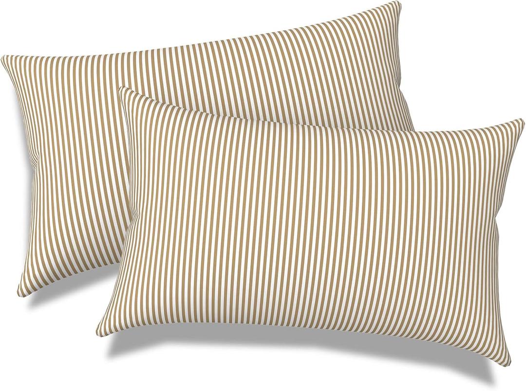 Outdoor Lumbar Pillows, Water Repellent Cushion Pillows 12x20 Inch, Outdoor Pillows with Inserts for Home Garden, Pack of 2, Stripe Beige