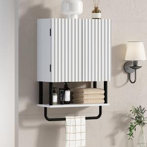 RUSTOWN Fluted Bathroom Wall Cabinet with 2 Doors, 3-Tier Modern Farmhouse Medicine Cabinet, Over The Toilet Storage Cabinet with Adjustable Shelf and Towel Bar(White, Small)