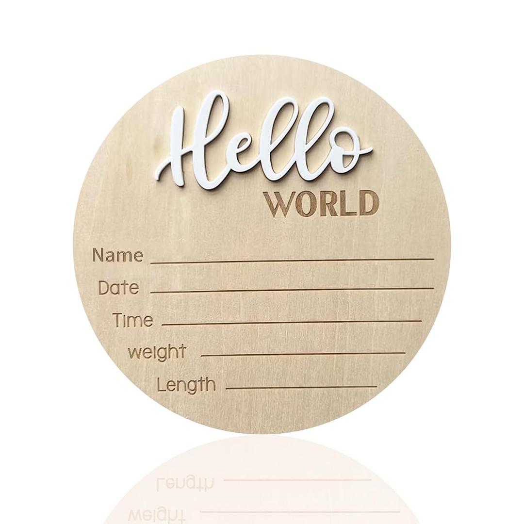 Baby Announcement Sign, 5.9 Inch Wooden Hello World Newborn Signs, Birth Announcement Sign, Baby Shower Hospital Nursery for Newborn Boys and Girls (White)
