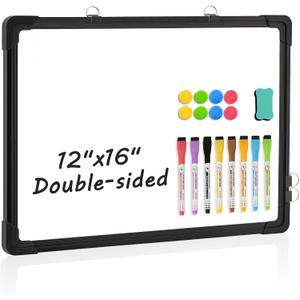Double-Sided White Board, 12" x 16" Dry Erase Board Small Whiteboard for Wall Black Frame Portable Magnetic Hanging White Board Dry Erase for College Dorm Room, School, Home, Office