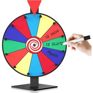 12 Inch Prize Wheel, 12 Slots Color Spinning Wheel with Diamond Base, Heavy Duty Tabletop Spinner Wheel Includes Dry Erase Marker & Eraser for Parties, Rewards & Classroom Activities, 11.81 inches x 16.14 inches