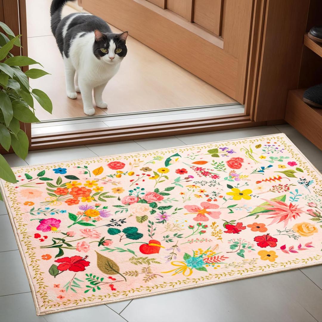 Boho Floral Entryway Rug 2x3, Washable Small Mat for Bathroom and Kitchen, Non Slip Front Door Mat Indoor Entrance, Vintage Style Flower Mat with Rubber Backing, Soft Area Rug for Entry Way (Beige)
