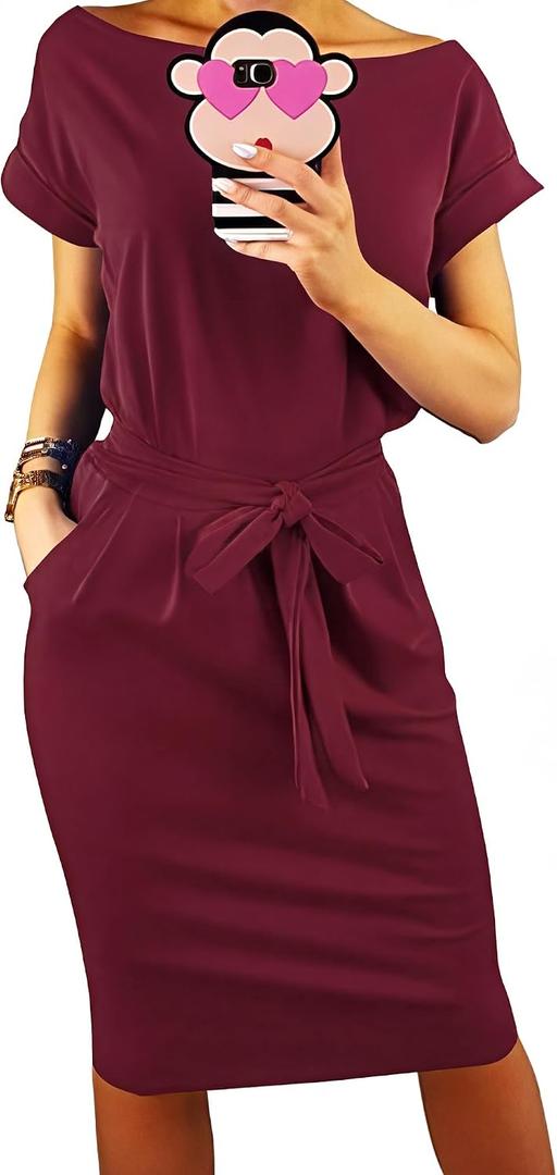 PRETTYGARDEN Women's Summer Short Sleeve Crewneck Striped Dress Basic Solid Tie Waist Office T Shirt Dresses Pockets (Red, M)