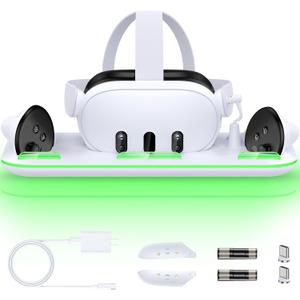 Charging Dock & Headset Stand for Meta Quest 3/3s, Fast Charging Station with 2 Controller Rechargeable Batteries, All-in-One Storage with 14 Lighting Modes for VR Headset Accessories & Controllers