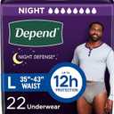 Depend Night Defense Adult Diapers, Incontinence Underwear for Men, Disposable, Overnight, Large, Grey, 22 Count