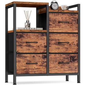 Furnulem 5 Drawer Rustic Brown Dressers for Bedroom 2 Tier Shelf Storage Small Fabric Dresser for Closet Sturdy Metal Frame Modern Style Storage Cabinets Organization Units for Hallway Rooms