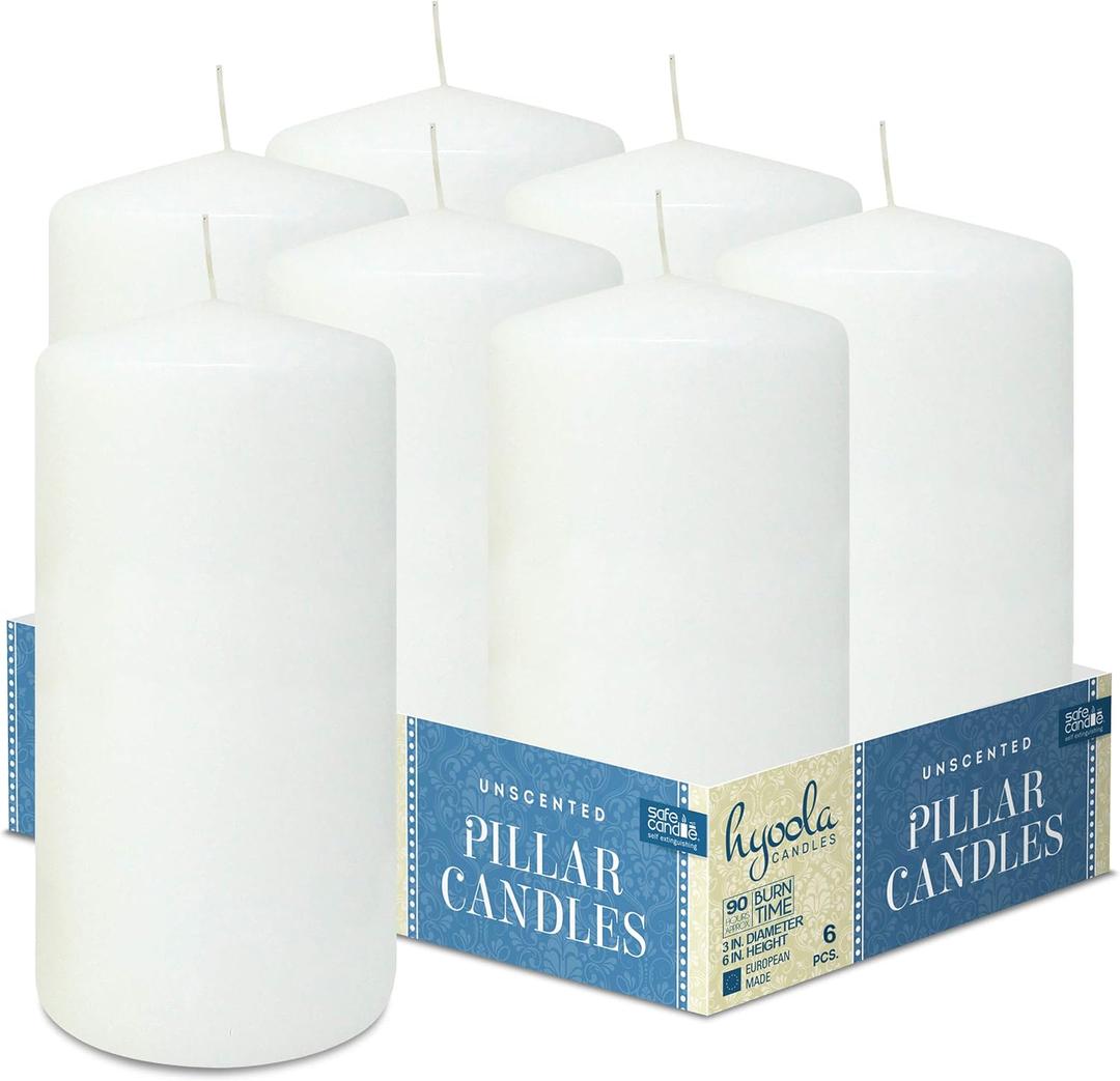 5 x Hyoola White Pillar Candles 3x6 Inch - Unscented Pillar Candles - 6-Pack - European Made