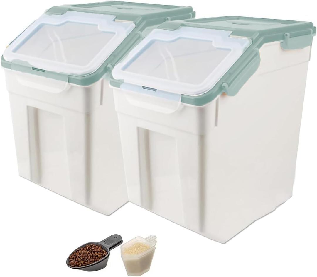 RUIAN 2Pcs Large Flour Storage Container Bin 50Lb Airtight Rice Storage Containers with Wheels Seal Locking Lid, BPA Free with Measuring Cup&Scoop for Flour, Rice, Grain 100LBS Total (Green)