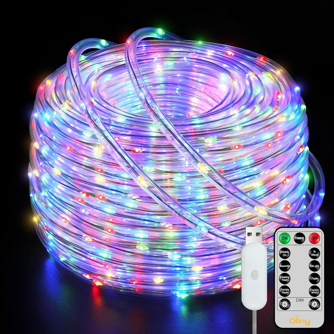 Ollny Rope Lights 33FT 100 LED, USB Multicolor String Lights with Remote, 8 Modes IP68 Waterproof Timer Fairy Lights for Indoor Outdoor Bedroom Party Christmas Decorations