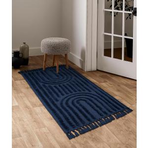 LEEVAN Washable Kitchen Rug 2'x4', Boho Hand-Woven Entryway Rug, Dark Blue Rainbow Bedroom Rug with Tassels, Farmhouse Tufted Bathroom Rugs, Bohemian Rugs for Bedside/Laundry/Nursery