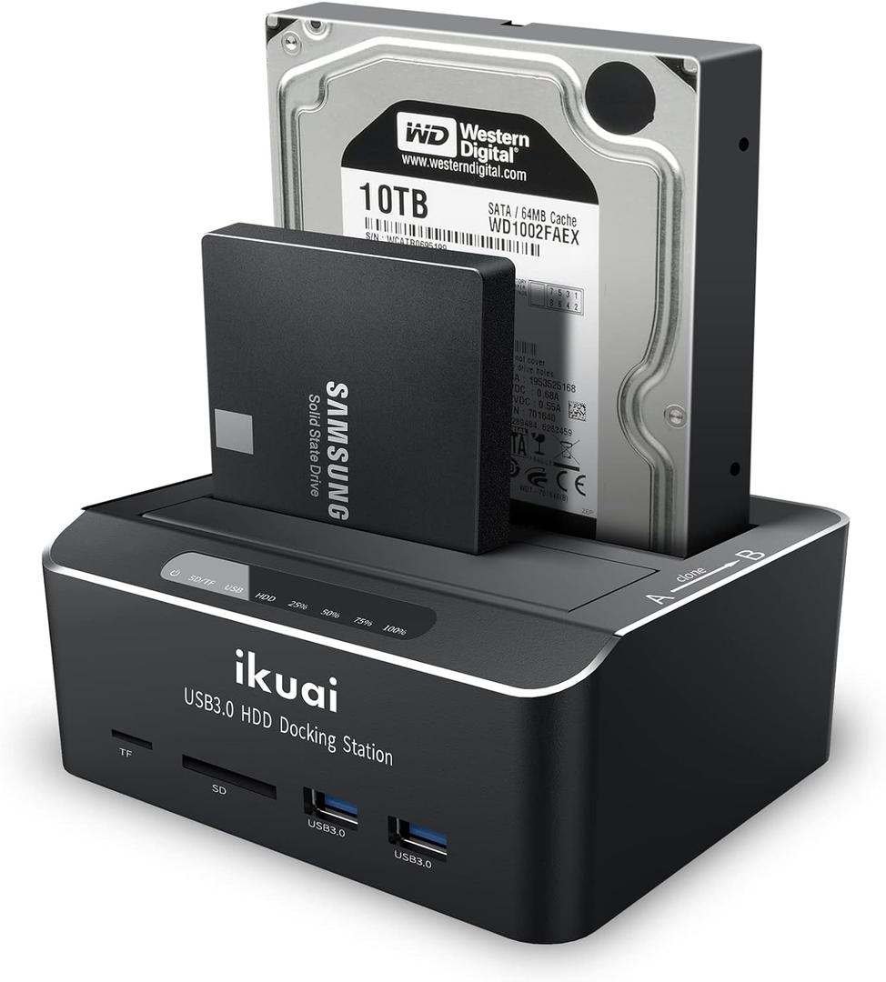 SATA to USB 3.0 Dual Bay Hard Drive Dock for 2.5"/3.5" SATA HDD SSD with Micro SD Card Reader 2 USB 3.0 Port, Offline Clone Function External Hard Drive Docking Station, 2X20TB and UASP Support