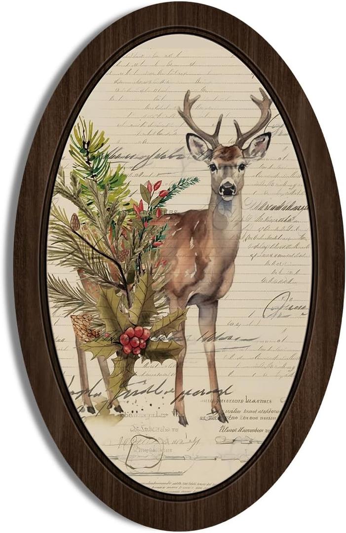 BIWSHA Vintage Rustic Deer Oval Wall Art Decor, Farmhouse Deer Framed Christmas Wooden Wall Art Room Decor, Pine Newspaper Wall Hanging Decor for Home Bedroom, 10.2x15.7 Inch