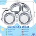 Tioncy 4 Pcs Stainless Steel Kids Plates 4 Sections Divided Unbreakable Dinner Plates Cute Car Shape bowls for Babies, Toddlers and Kids Lunch, Portion Control, Camping