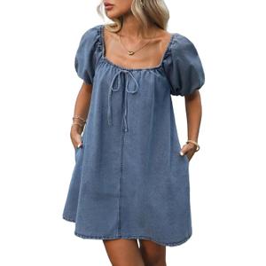 Women's Summer Denim Dress Puff Short Sleeve Square Neck Loose Jean Mini Dresses with Pockets (Medium, Blue)
