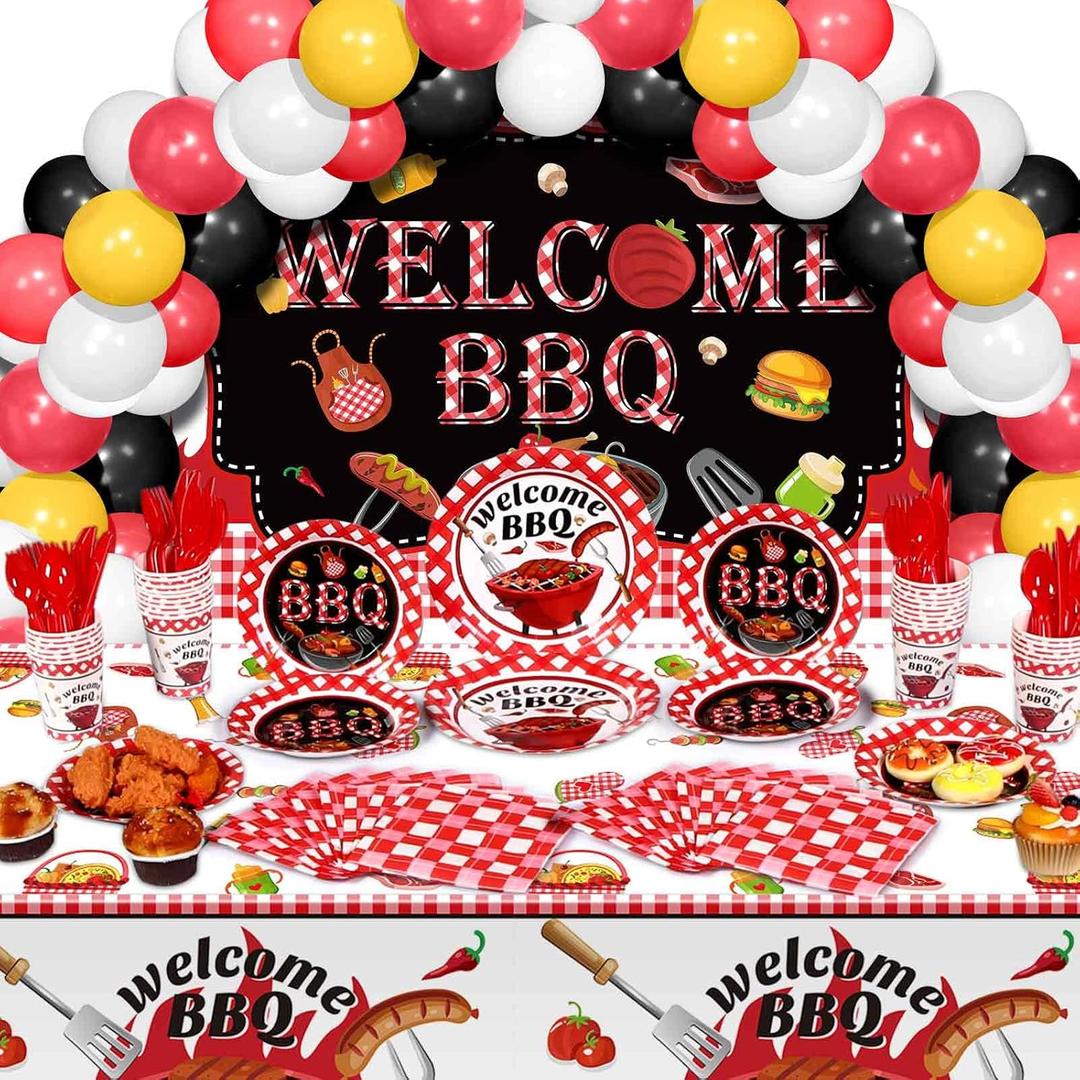 Capoda 165 Pcs Summer BBQ Party Supplies Picnic Barbecue Decorations BBQ Background Cloth with Rope Picnic Plastic Tablecloth Barbecue Tableware Set for Birthday Baby Shower Party Decor