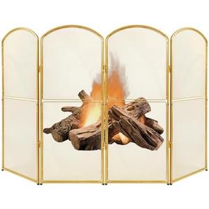 SHINOSKE 4-Panel Fireplace Screen Gold,47.8" W x 31" H Mesh Fire Spark Guard Cover, Foldable Decorative Fireplace Cover for Living Room Home Indoor Decor, Baby Proof, Easy Assembly