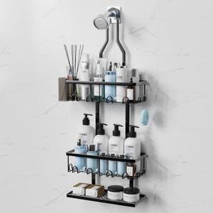 Shower Caddy Hanging Bathroom Shower Organizer Rustproof Over Head Shower Shelf with Hooks and Adhesvies Bath Shower Shelves Rack for Shampoo Soap Black