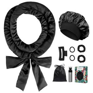 Gwabee Satin Heatless Curls Overnight Hair Curlers to Sleep In Hair Curler Rollers No Heat Hair Wrap for Curls Headband, 70" Satin Heatless Curling Rod Set for Women Long Waves Hair Volume Black 9PCS