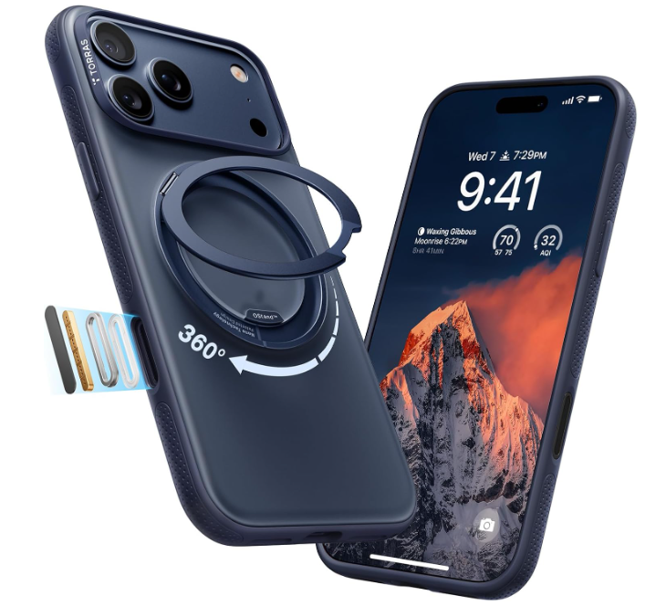 TORRAS 360 Magnetic Stand for iPhone 17 Pro Max Case, [Fit for MagSafe] [4X MilitaryGrade Protection] Slim Case for iPhone 17 Pro Max, 6.9", Translucent Deep Blue, Ostand O3 Fitness Series