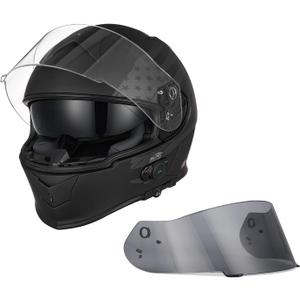 VCAN Bluetooth Integrated Full Face Motorcycle Helmet with Dual Visor (Medium, Flat Black Flag)