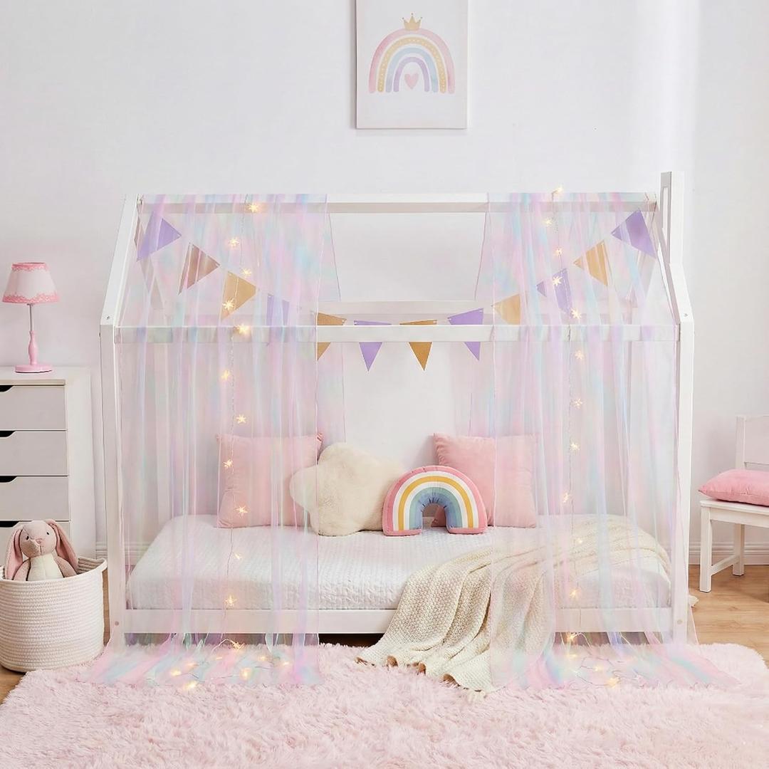 House Bed Canopy for Girls, Rainbow Tie-Dye Canopy Bed Curtains Twin with Lights, Princess Sheer Bed Canopy Scarf for Girls Room Decor (2 Panel)