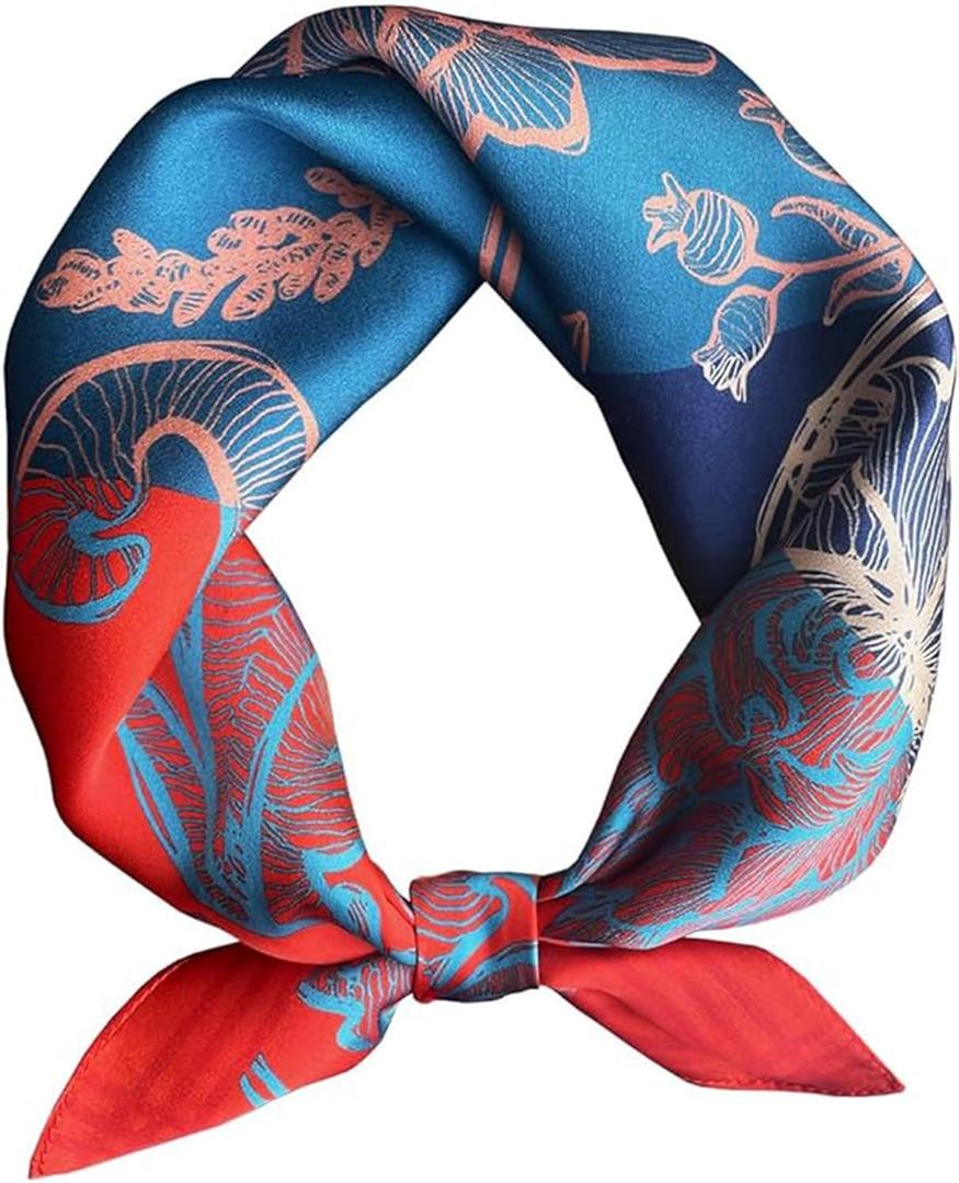 100% Mulberry Silk Neck Scarf 21''x21'' Small Square Hair Scarf for Women Men Lightweight Bandana Envelope Package (Floral- Blue Red)