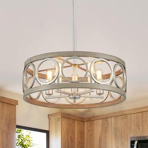 Dining Room Chandelier Over Table 22" Drum Modern Farmhouse Pendant Light Fixture for Living Room Kitchen Island Bedroom, Metal Rustic Round Brushed Nickel Wood Grain Finish Hanging 5-Light, D21.7"