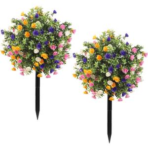 Artificial Topiary Bushes with Ground Spike Set of 2, Faux Boxwood Ball Trees for Outdoor, Fake Shrubs Bushes Decorations for Indoor Front Porch Garden - UV Resistant Faux Plants - Multicolor Flowers