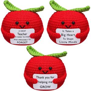 Wavwavw 3 Pcs Teacher Appreciation Gift Positive Flower Handmade Crochet Doll Thank You for Helping Me Grow Gift Teacher Appreciation Week Gifts for Women(Apple)