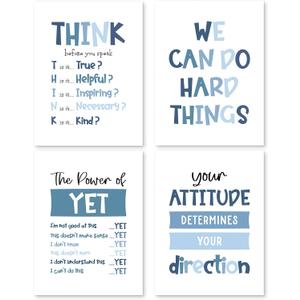 PUHEI Inspirational Boys Room Wall Art Prints Set of 4, Blue Positive Affirmations Wall Posters Decor for Boys Kids Room Nursery, Motivational Mental Health Poster Prints (12 x 16 Inches Unframed)