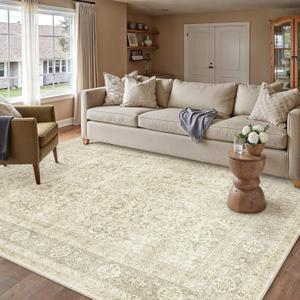 Vintage Area Rug 5x7 Beige Washable Living Room Large Carpet Non Slip Bedroom Indoor Office Low Pile Traditional Distressed Retro Accent Rug for Dining Room Bathroom Kitchen