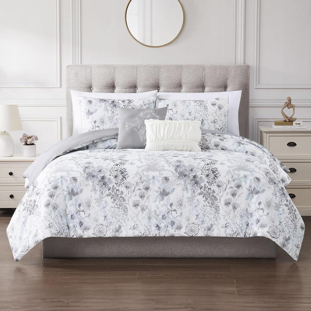 Modern Threads 5-Piece Printed Comforter Set, Giverny King in White Grey Blue  Soft Comforter, 2 Pillow Shams, and 2 Decorative Pillows
