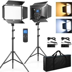 D50 Photography Lighting with Barn Door, 2-Pack 15.4" LED Video Light with Remote, 45W 3000K-8000K Dimmable Bi-Color Panel Light for Live Streaming/Wedding Shooting/Video Recording/Studio/Film
