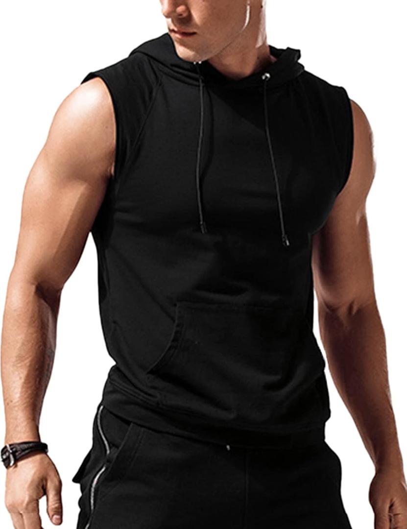 Amussiar Men's Workout Hooded Tank Tops Sleeveless Gym Training Hoodies Bodybuilding Muscle Cut Off T Shirt, XL