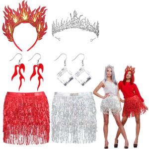 6 Pcs Halloween Fire and Ice Cosplay Costume Accessories Included Red Silver Earrings Headband Sequin Tassel Skirt Wrap for Halloween Party Cosplay Costume