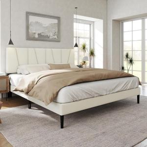 Queen Size Bed Frame with Fabric Upholstered Headboard, Platform Bed with Wooden Slats Support, Fully Mattress Foundation, Box Spring Optional, Easy Assembly (Beige)
