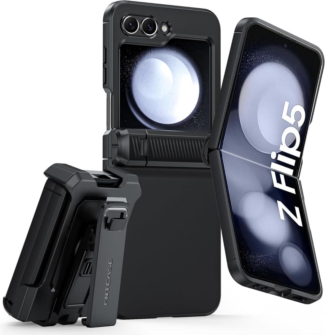 FNTCASE for Samsung Galaxy Z-Flip-5 Case: Rugged Shockproof Samsung Flip 5 Case with Kickstand & Belt Clip, Slim Full Body Drop Protective Hard Phone Cover for Samsung Z Flip 5 5G(2023) (Black)