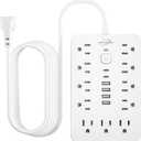10 FT Flat Plug Surge Protector Power Strip,11 Multiple AC Outlets with 6 USB Ports (2 USB C), 6 Feet Extension Cord, 1250W/10A, One Touch Switch Button, White
