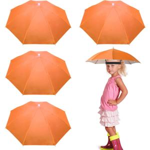 4 Pack Umbrella Hats, 20.5" Hands-Free Head Umbrealla Hats for Kids, Folding Waterproof Umbrella Cap With Head Strap for Outdoor Party Fishing Sun Rain Beach Golf Hiking (Orange)
