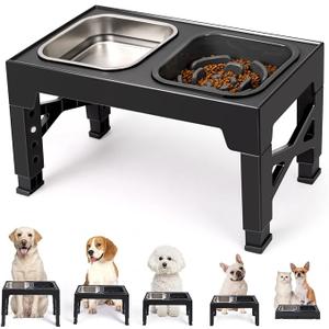 Niubya Elevated Dog Bowls, with Slow Feeder Bowl and Stainless Steel Dog Food Bowl, Raised Dog Bowls Adjusts to 5 Heights (3.15", 8.66", 9.84",11.02", 12.2") for Small Medium and Large Dogs