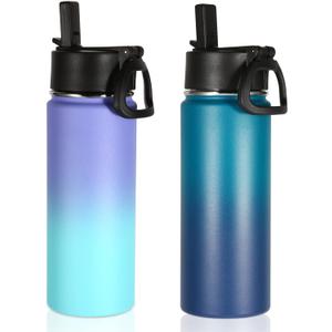 Volhoply 18oz Insulated Water Bottle Bulk 2 Pack, Kids Stainless Steel Water Bottles with Straw, Wide Mouth Reusable Metal Bottle, Double Wall Vacuum Sports Flask For Cold Drink (Assorted,2 Set)