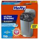 Hefty Ultra Strong Bags, Black Tall Kitchen Bags 13 Gallon Size, Break Resistant Drawstring Enclosure, Continuous Odor Control, Blackout, Clean Burst Scent, 110 Bags