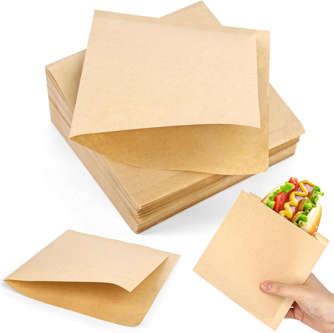 VGOODALL 200 Pcs Double Open Pretzel Bags, 6" x 6" Grease-Resistant Brown Sandwich Paper Bags Paper for Oily Snack Pretzels Cookies